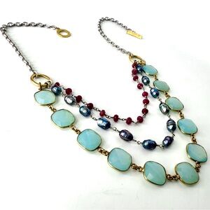 Multi Strand Chalcedony Bezel Chain Mixed Gemstone Necklace, Sundance Inspired